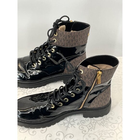 Michael Kors Alistar Monogram Black Patent Combat Boots Women's 9.5M PU Upper Go - Picture 8 of 10